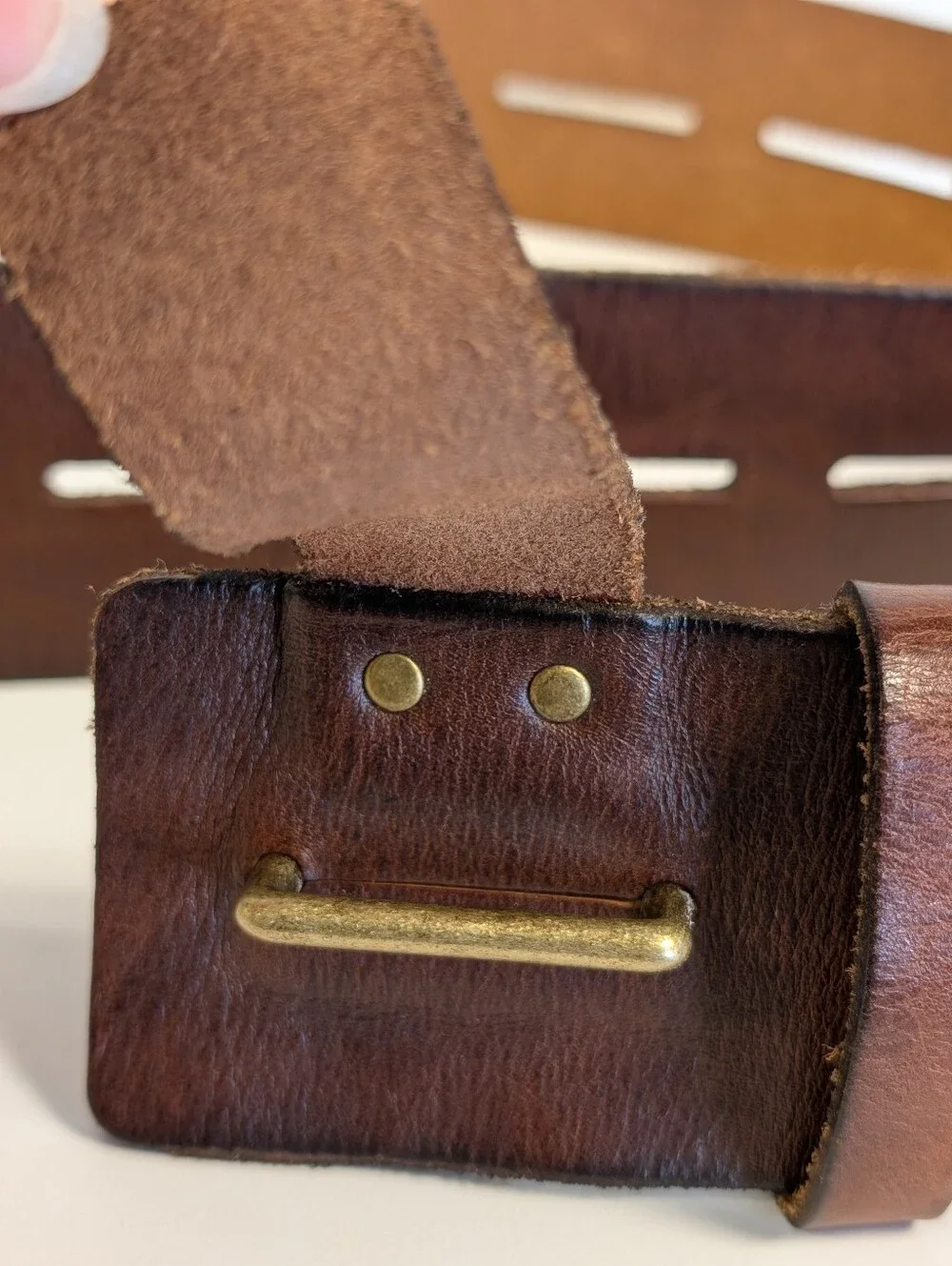 CAbi Here or There Belt 3298 Medium Brown Leather Wide Slotted Brass 45”